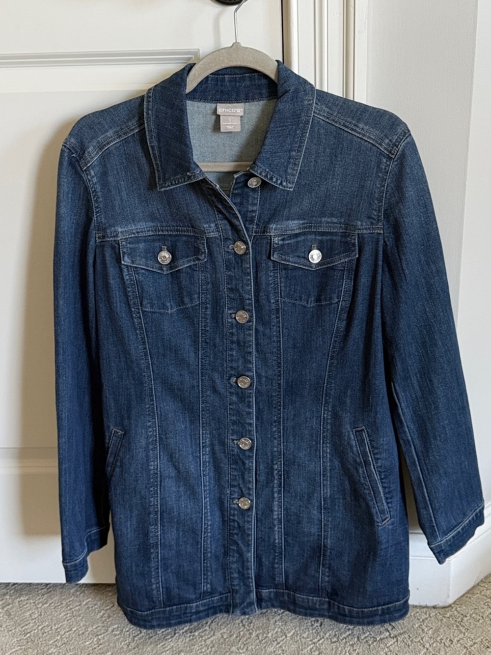Chico’s Elongated Denim Jacket In Westward Indigo- like new!